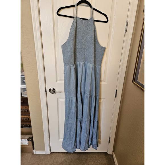 VENUS Dresses & Skirts - NWT Venus Light Wash Blue Denim Smocked Bodice Halter Tiered Maxi Dress, Plus 3X